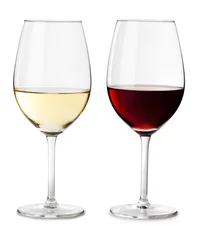 Foto op Plexiglas Two red cabernet pinot malbec merlot and white chardonnay sauvignon blanc wine glasses isolated on whiten background for use alone or as a design element © Eric Hood
