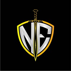 The initials N E is a shield decorated with knightly swords, the letters are colored with a metallic texture (chrome, silver, stainless steel) isolated on a black background.