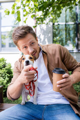 young man with jack russell terrier dog holding coffee to go and pointing with finger while sitting on bench
