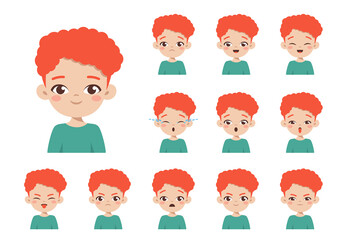 Set of ginger boy with different facial expressions. Cartoon character isolated