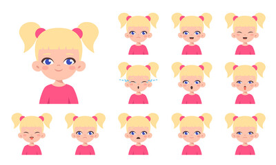 Set of blonde girl with different facial expressions. Collection emotions face