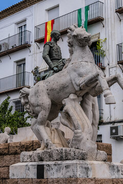 View of sculptural ensemble dedicated to the Spanish bullfighter Manuel Rodriguez Sanchez, known as 'Manolete' in the square Conde de Priego in Cordoba. CORDOBA, SPAIN. June 3, 2018.