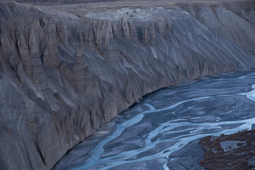 Abstract patterns and textures of hills with moderate vegetation, rivers, clouds and clear sky of high altitude cold desert - Spiti Vally. Panoramic views of spectacular landscapes and strange terrain