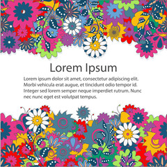 Card with bright folk floral ornament, vector illustration