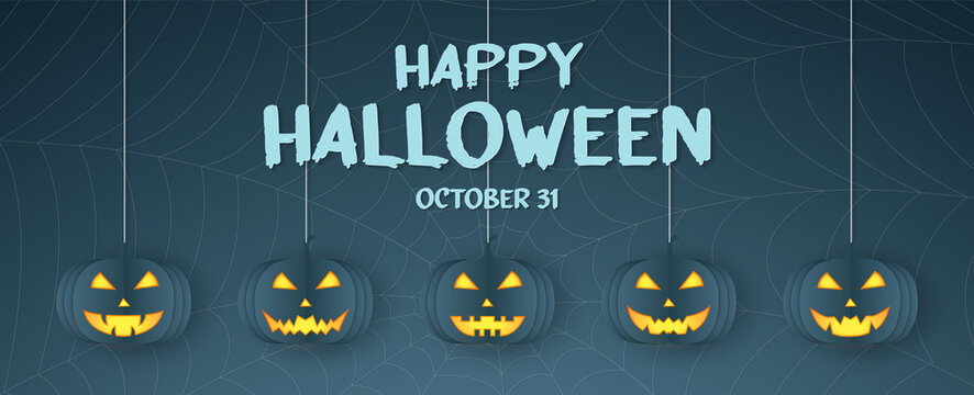 Happy Halloween, pumpkin head hanging, spider web, cobweb background with text