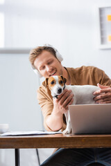 young businessman in wireless headphones touching jack russell terrier dog while sitting at workplace