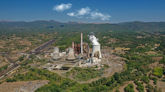 Aerial drone photo of Hellenic public electric company industrial power plant complex in town of Megalopolis, Arcadia prefecture, Peloponnese, Greece