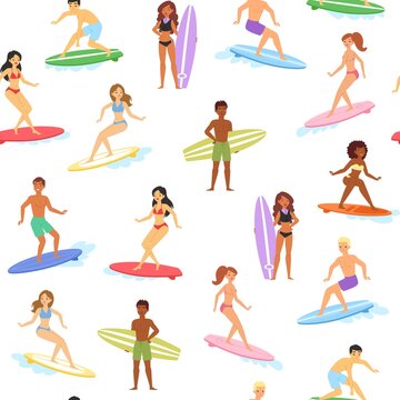 Seamless pattern surfing, sport board, vacation sea, extreme background, wave outdoors, design, cartoon style vector illustration. Young people, active activity, repeating ornament, excess vacations.