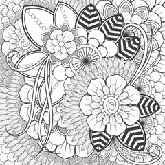 Decorative Doodle flowers in black and white for coloring page, cover or background. Hand drawn sketch for adult anti stress coloring page vector.
