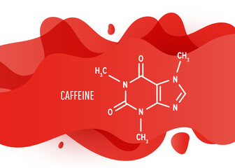 Structural chemical formula of caffeine with red liquid fluid gradient shape with copy space on white background
