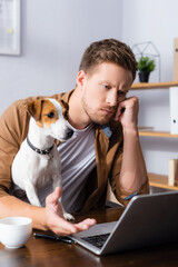 Selective focus of thoughtful businessman looking at laptop near jack russell terrier dog
