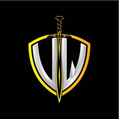 The initials V W is a shield decorated with knightly swords, the letters are colored with a metallic texture (chrome, silver, stainless steel) isolated on a black background.