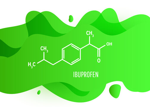 Ibuprofen chemical molecule structure with a green liquid fluid gradient shape with copy space on white background