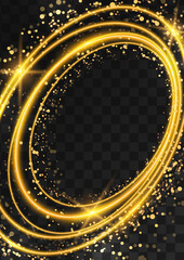 Frame made of gold oval rings with glitter, sparkles and flashes on a dark transparent background. Vector