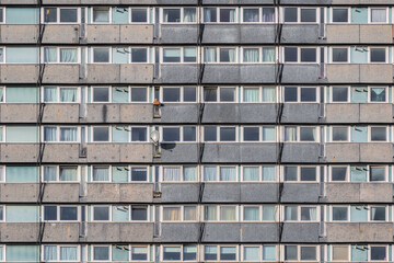 Facade of a council housing tower block at Agar Grove Estate in London