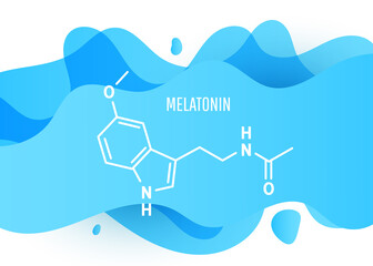 Melatonin structural chemical formula with blue liquid fluid gradient shape with copy space on white background