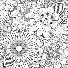 Decorative Doodle flowers in black and white for coloring page, cover or background. Hand drawn sketch for adult anti stress coloring page vector.