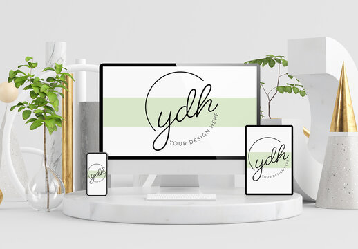 Computer Monitor, Tablet and Phone on Surreal Background Mockup
