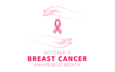 Breast cancer awareness month campaign with a ribbon sign and a silhouette of women's hands on a white background.