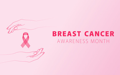 Breast cancer awareness poster with pink ribbon and text. Eps10 vector.