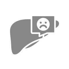 Liver with sad face in chat bubble gray icon. Diseased organ symbol