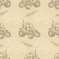Vector seamless pattern agriculture concept. Repeating tractor and ear of wheat. For design, paper, textiles.