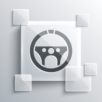 Grey Steering wheel icon isolated on grey background. Car wheel icon. Square glass panels. Vector Illustration.