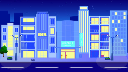 Night City Life Concept. Town street. Urban Landscape Banner with buildings, trees, shop, stores, sky and stars. Vector illustration. Cityscape with Hotel, Restaurant and Night Club.