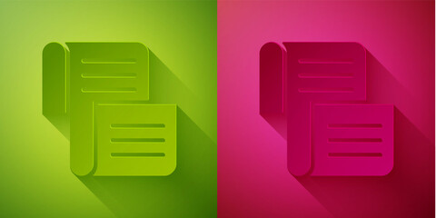 Paper cut Decree, paper, parchment, scroll icon icon isolated on green and pink background. Paper art style. Vector.