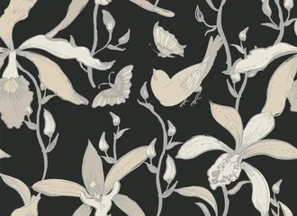 Papier peint Orchidee Modèle sans couture de vecteur avec des fleurs d& 39 orchidées, des oiseaux et des papillons.
