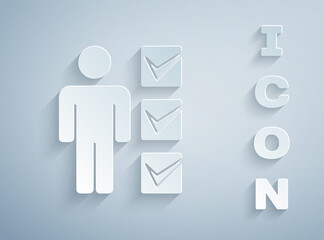 Paper cut User of man in business suit icon isolated on grey background. Business avatar symbol user profile icon. Male user sign. Paper art style. Vector.