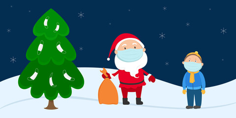 Santa Claus and boy in medical masks. New Year at COVID-19 pandemic. Vector illustration.