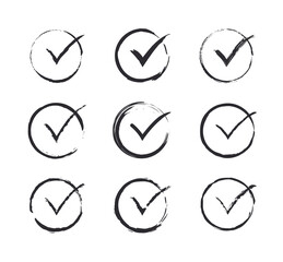 Check mark icon. Vector check mark. Vector circle box. Game buttons. Round frames. Hand drawn circle frames. Ui elements. Level up. Choice sign. Symbols YES. Accept document. Checklist. Sign of choice