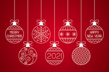 Hanging Christmas balls on red background. Vector illustration.