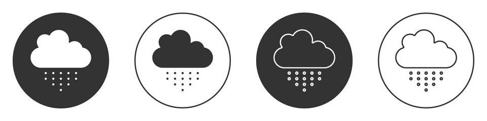 Black Cloud with rain icon isolated on white background. Rain cloud precipitation with rain drops. Circle button. Vector.