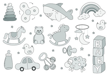 Vector illustration of kids toys. Sketch set of children's accessories. Children's toys are drawn from the hands. Vector for design