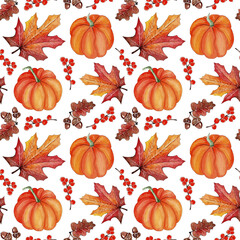 Seamless watercolor pattern design: pumpkins and autumn fall elements, thanksgiving background.
