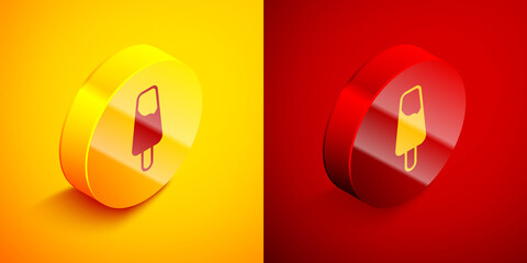 Isometric Popsicle ice cream on wooden stick icon isolated on orange and red background. Circle button. Vector.