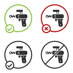 Black Ray gun icon isolated on white background. Laser weapon. Space blaster. Circle button. Vector.