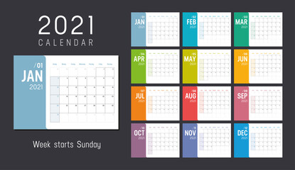 Year 2021 colorful minimalist monthly calendar on black background. Week starts Sunday. Vector template. - obrazy, fototapety, plakaty
