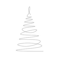 Christmas tree silhouette line drawing, vector illustration