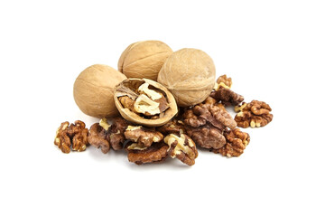Whole and opened walnut isolated on white background