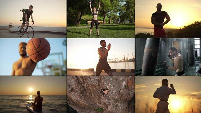 Multiscreen of active healthy people doing sports, leading active lifestyle. Split screen collage of diverse sport activities, men and women outdoors cycling, climbing, jogging, playing basketball