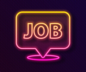 Glowing neon line Speech bubble with job icon isolated on black background. Recruitment or selection concept. Search for employees and job. Vector.