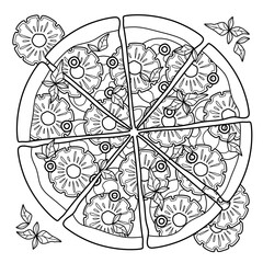 Coloring antistress page for adults 
and children. Pizza with pineapple, ham, spices, basil and cheese.