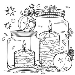 Coloring antistress page for adults 
and children. Festive New Year and Christmas candles in jars with stars, festive atmosphere