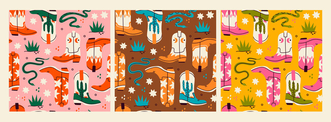 Various cowboy boots. Different ornaments. Wild West fashion style. Rattlesnake viper, stars, cactus, grass. Set of three isolated Hand drawn colored Vector seamless Patterns. Backgrounds, wallpapers