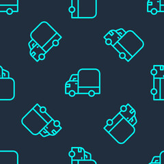 Green line Delivery cargo truck vehicle icon isolated seamless pattern on blue background. Vector.