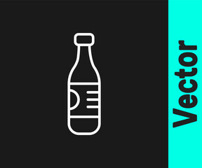 White line Bottle of water icon isolated on black background. Soda aqua drink sign. Vector.
