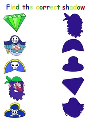 Find the correct shadow children vector game. Funny shadow matching game with pirates, hats and green brilliant. Educational preschool visual pirate printable vertically game. One of a series
